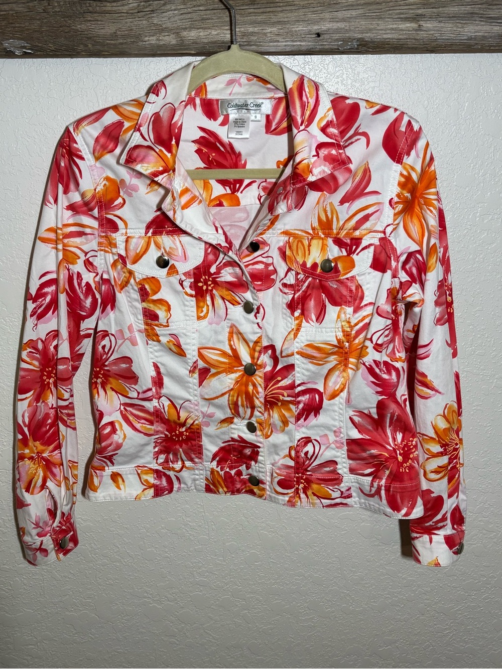 Coldwater Creek White Floral Button-Up Jacket with Red & Orange Blooms, sz small